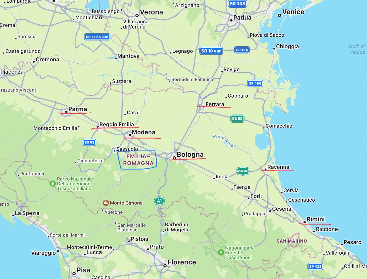 Map of Emilia Romagna